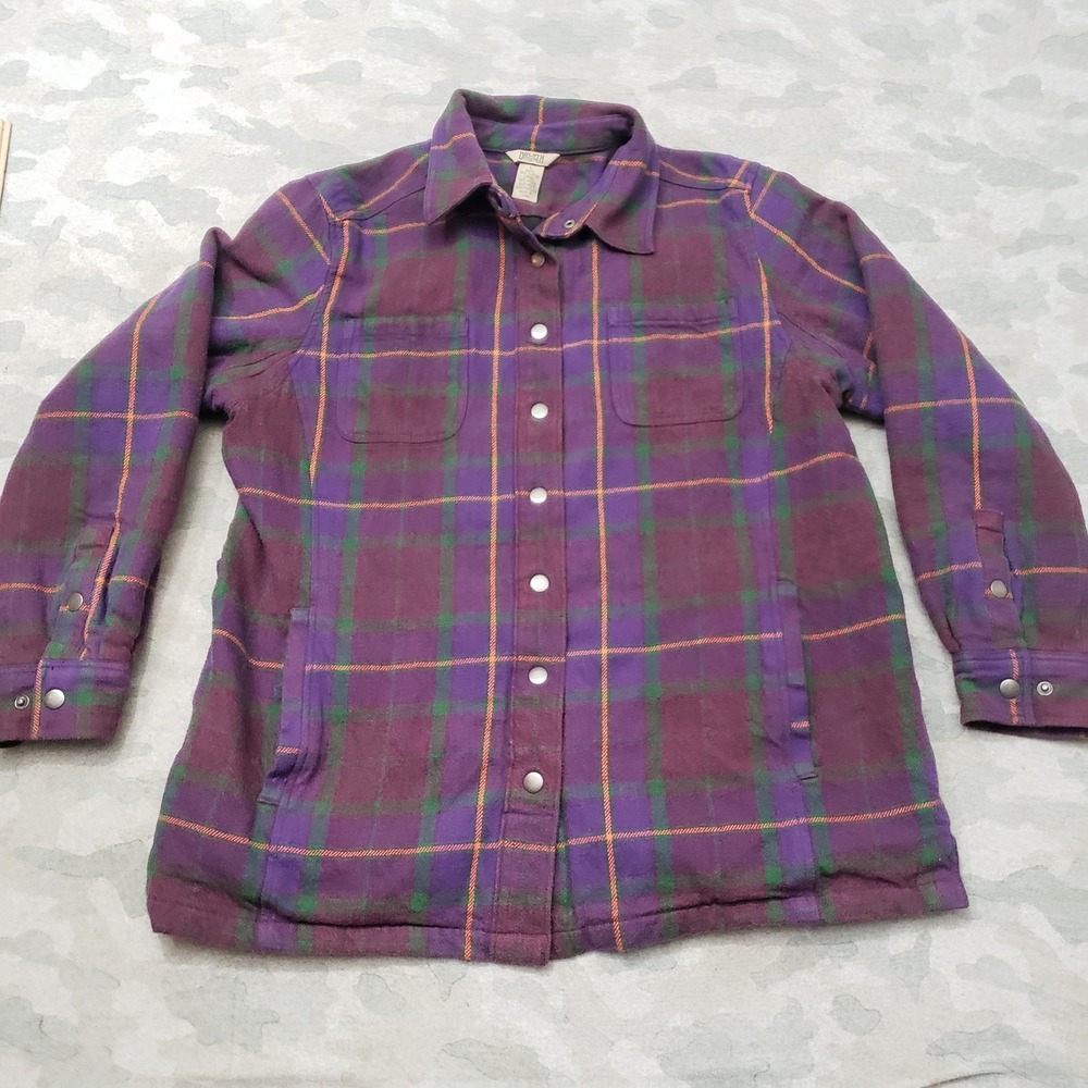 Duluth Trading Co Flannel Jacket Women Large Purple Shacket Plaid Workwear Snap